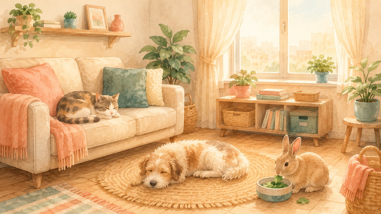 Watercolour: a cat on a sofa, a dog on a rug, a rabbit beside a bowl in a Hong Kong living room